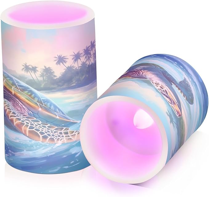 Graffiti Sea Turtle Pattern Flameless Candles Color Changing LED Candles with Remote Control Battery Candles for Outdoor and Indoor Home and Room Decoration, 3'' x 4''/5'' Set of 2 Pieces