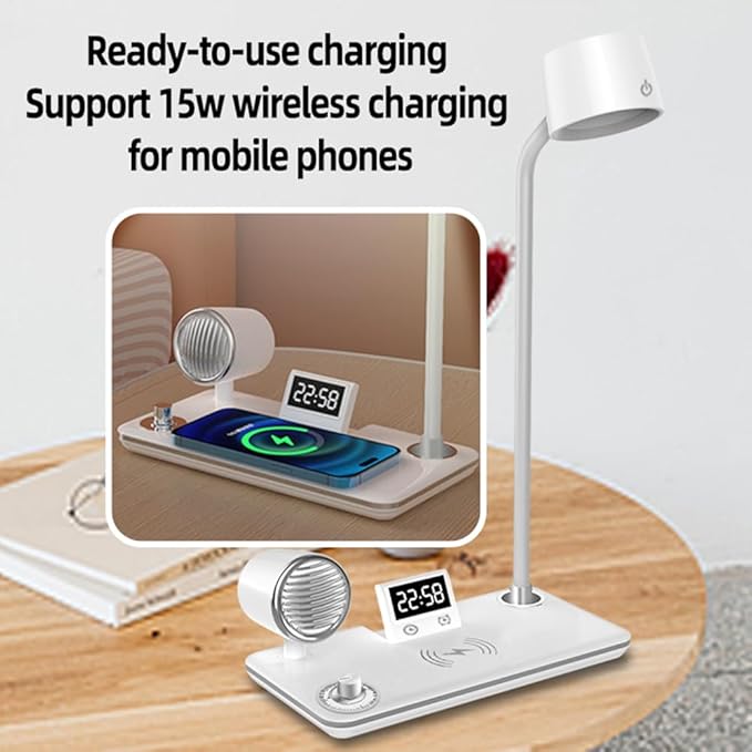IHAO Smart LED Desk Lamp with Wireless Charger & Bluetooth Speaker, 15W Fast Charging Station for Phone & Earbuds Touch Control 3 Light Modes Alarm Clock Adjustable Eye-CareTable Lamp-HYT1772 White