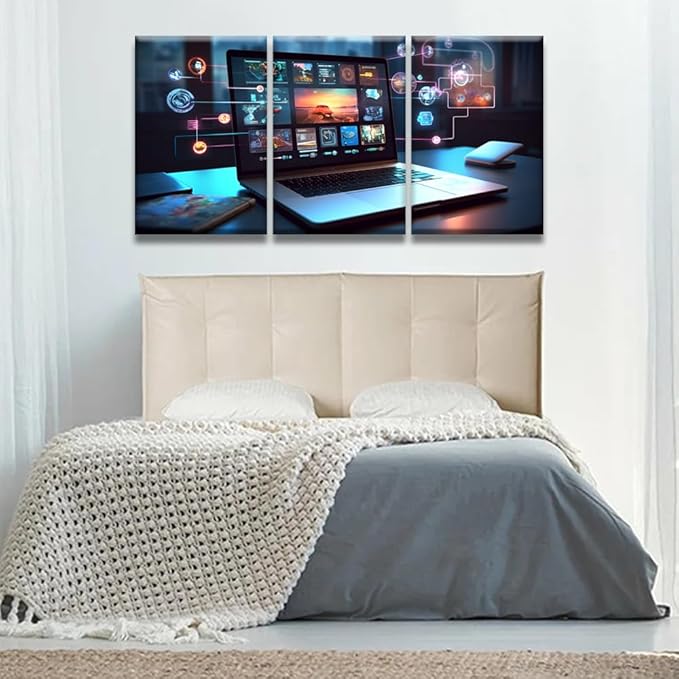 LSIUHWUWI Wall Art for Living Room 3 Panel Cloud Technology,Smart Home Pictures Posters Contemporary Wall Decor for Home Office Hotel Wall Wooden Framed Ready to Hang 16x24inchx3