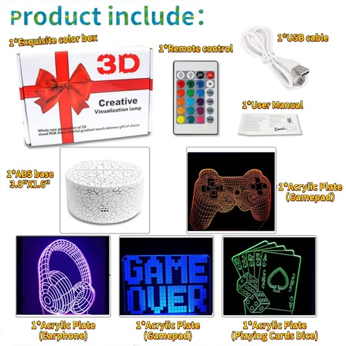 3D Gamepad Night Light with 4 Patterns 3D Hologram Illusion, Dimmable Remote Control, 16 Color Changing LED, Room Decor Earphone Bedside Desk Lamp, 3D Game Over Lamp for Game Lovers