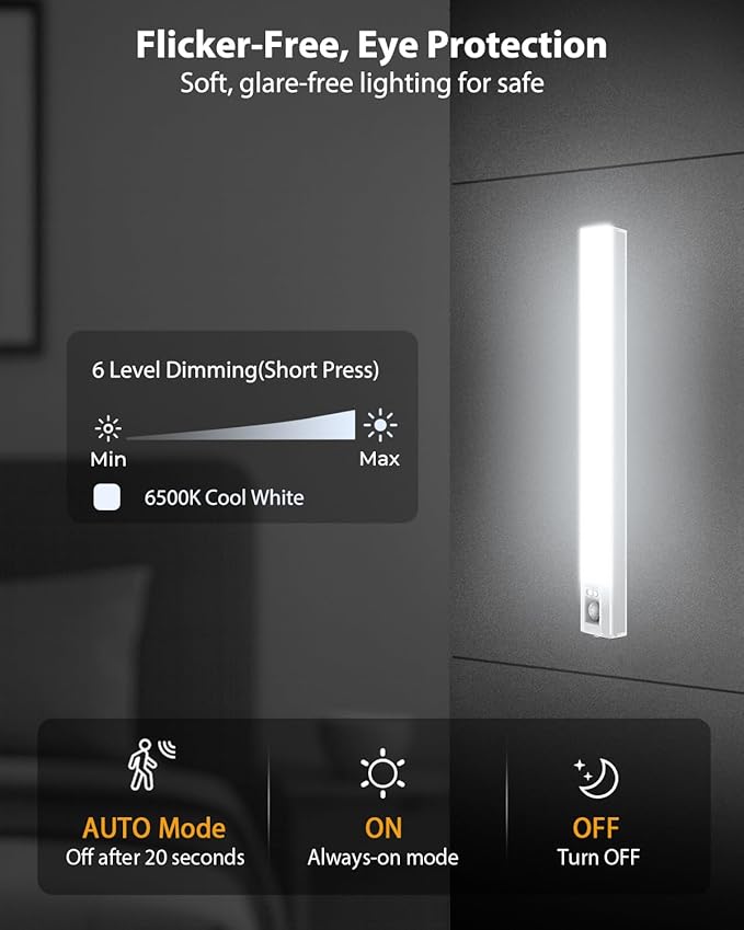 10inch Under Cabinet Lighting, 68 LED Rechargeable Motion Sensor Light Indoor, 6 Levels Dimmable Magnetic Closet Lights, Wireless Under Counter Lights for Kitchen, Stairs, Bedroom, 2-Pack Daylight