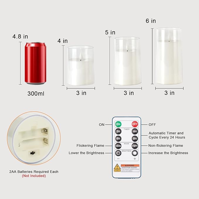 Raycare Flameless Candles Battery Operated with Remote Timer, Acrylic Flickering LED Pillar Candle for Valentine's Day Decoration, Home Decor, Gift for Family and Friend, White, Set of3