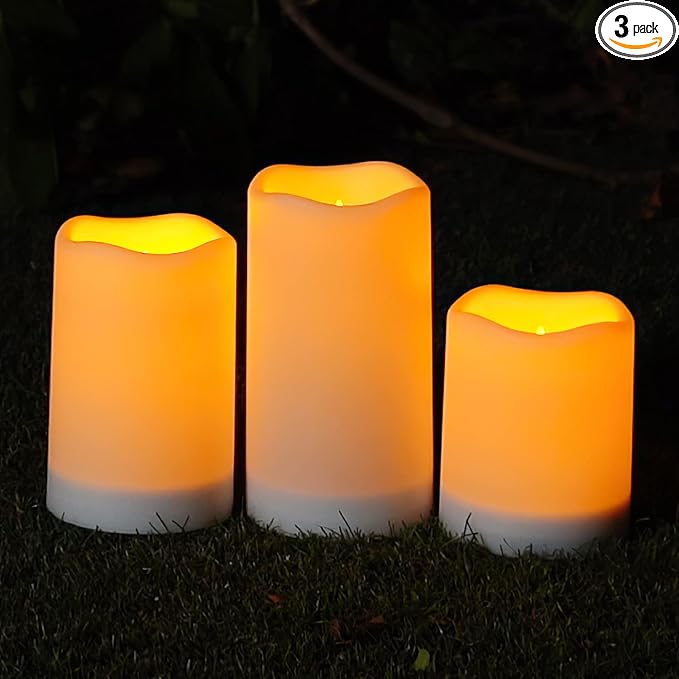 Homemory Solar Powered Candles Outdoor Waterproof, Flickering Glow, Rechargeable Candles, Solar Powered Candles for Outside, Lanterns, Sensor Only, Dusk to Dawn, Set of 3