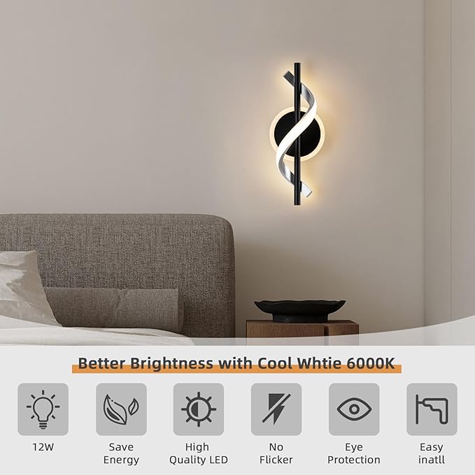 Black Wall Sconces Sets of 2, 12W Modern Spiral LED Wall Lamp, 3000K Warm White Wall Light Fixture for Stairs Living Room Bedroom Aisle Hallway