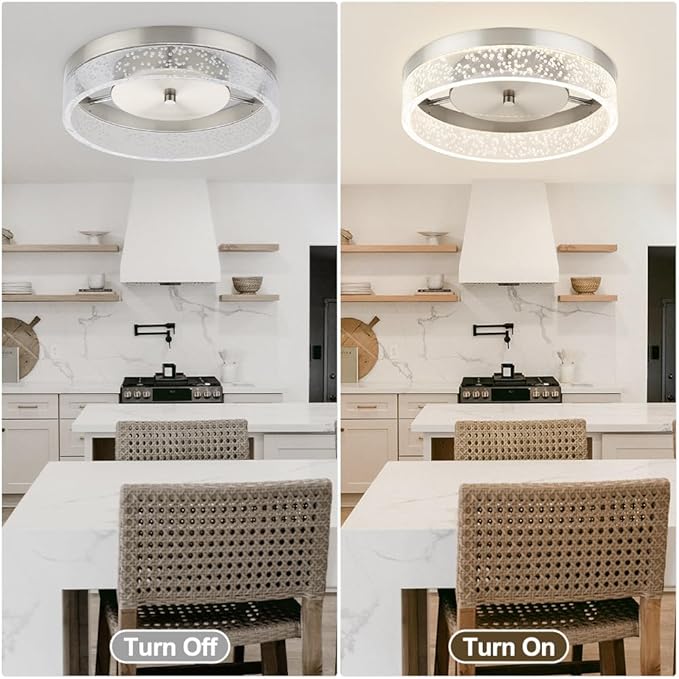 LED Flush Mount Ceiling Light Fixture, 12In Crystal Chandelier with Clear Bubble Acrylic, Modern Ceiling Lighting for Dining Room, Bedroom, Living Room, Kitchen, Brushed Nickel, 4000K Dimmable