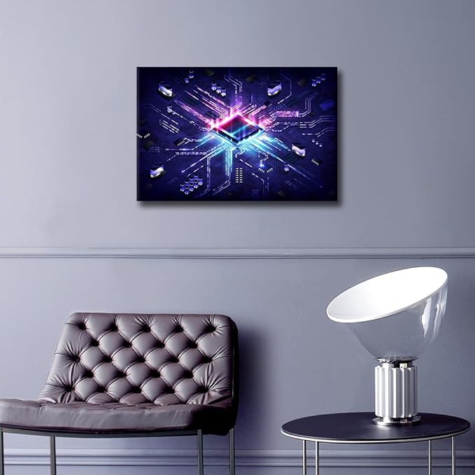 TUMOVO Canvas Wall Art for Bedroom AI Cyberpunk Tech Wall Paintings for Living Room Circuit Board Chip Office Modern Wall Art CPU Concept Pictures Print On Canvas Giclee Framed, 24x16in