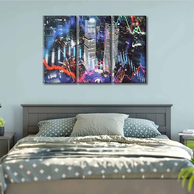 TUMOVO Trading Graph on The Cityscape at Night Background Pictures Wall Decor Living Room 3 Piece Business and Financial Concept Rustic Home Decor Framed Ready to Hang (36" Wx24 H)
