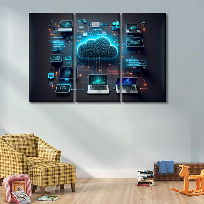 LSIUHWUWI 3 Panels Canvas Print Art Set Wall Art for Living Room Decoration, Cloud Technology Computing Smart Home Communication Posters and Prints, Framed Ready to Hang, 20x40inchx3