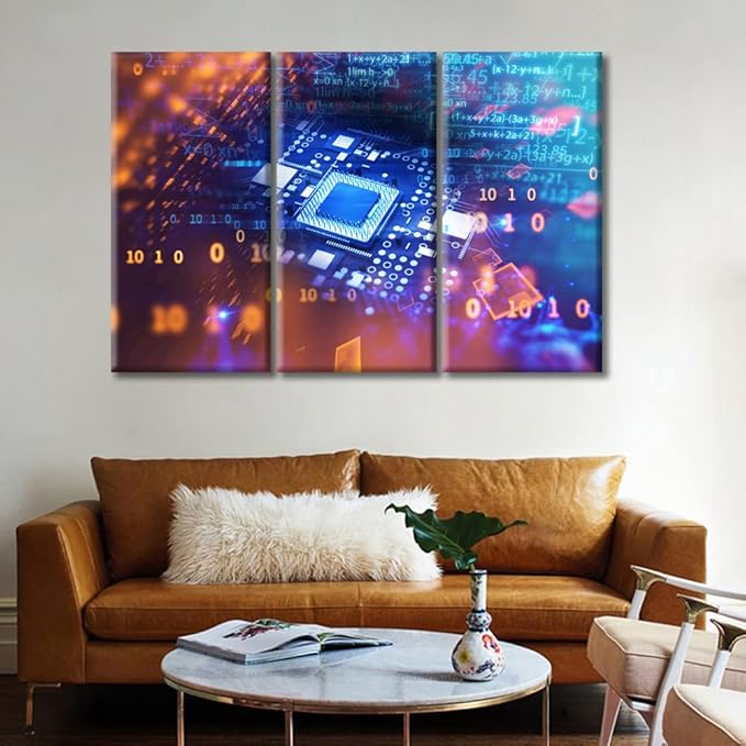 3 Pieces Motherboard Digital Chip Home Decor Information Concept Modern Artwork Wall Art for Living Room Giclee Wooden Framed Gallery-Wrapped Ready to Hang (36" Wx24 H)