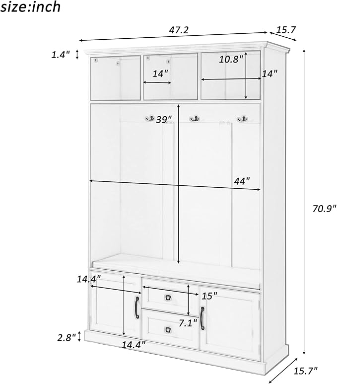 RUNNA Delicate 3-in-1 Hall Tree with 2 Cabinet and 2 Drawers,3 Open Shelves and 3 Hooks,Coat Hanger and Storage Bench,for Livingroom Hallway Entryway Use (Beige#H-)
