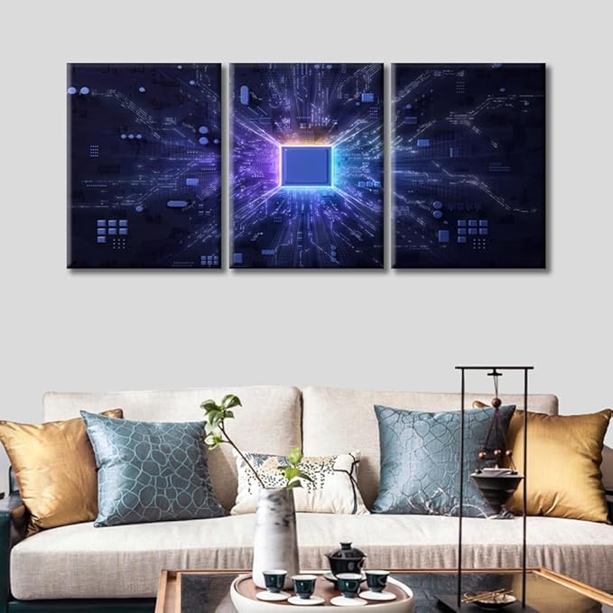TUMOVO Computer Processors CPU Modern Home Decor 3 Panels Technology Science Poster Artwork Pictures Canvas Wall Art for Bedroom, Living Room, Office. Ready to Hang (36" Wx16 H)