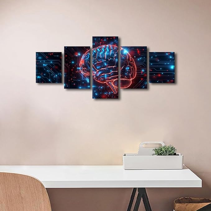 5 Panel Framed Canvas Wall Art Digital Human Brain Decor for Living Room Technology Pictures for Bedroom Artwork Home Dector for Room Ready to Hang Artificial Intelligence Pictures Framed 50" Wx24 H