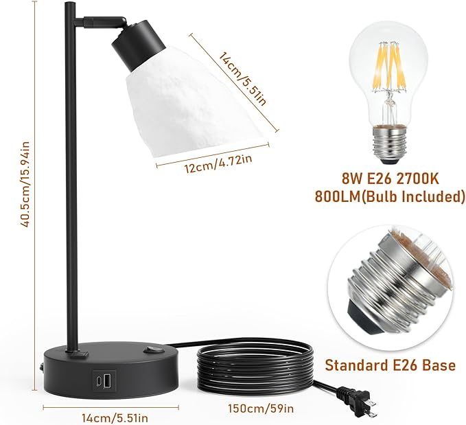 Neoglint Industrial Desk Lamp, Dimmable Table Lamp with USB C & A Ports + AC Outlet, Vintage Nightstand Lamp with 3D Lunar Texture Shade & LED Bulb, Adjustable Reading Light for Bedroom, Black