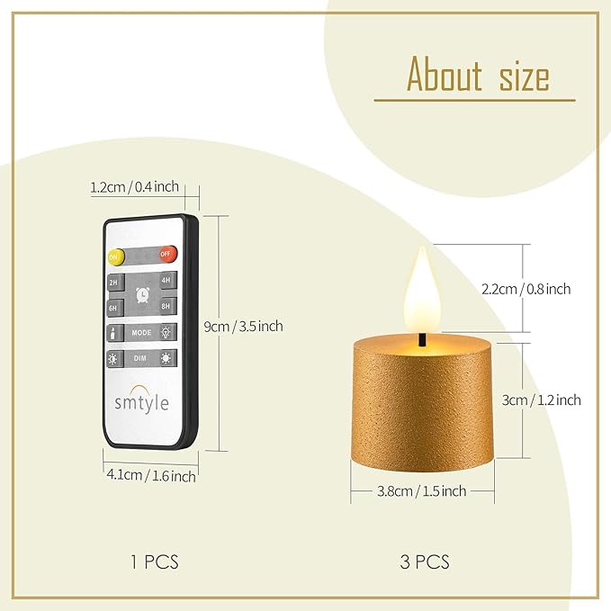 smtyle Vintage Christmas Small Flickering Flameless Candles LED Tea Lights with Remote, 1.5"×1.5" Gold Battery Operated Set of 3 with Timer for Indoor Table Decoration, Weddings, Parties or Outdoors