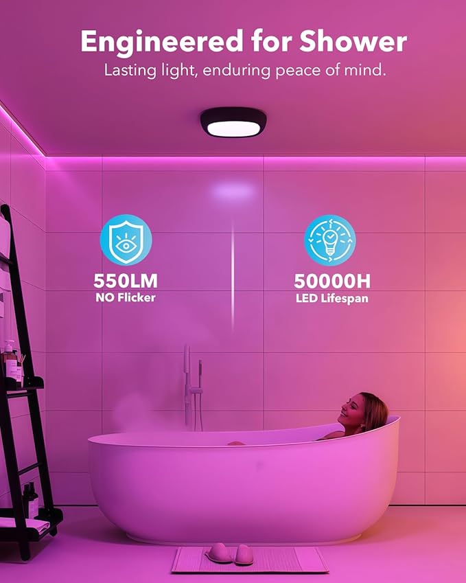 Motion Sensor Rechargeable Ceiling Light with Remote, 550LM 12000mAh Wireless Shower Lights for Inside Shower Battery Operated RGB Closet Light Sensored LED Overhead Lighting No Wiring for Garage