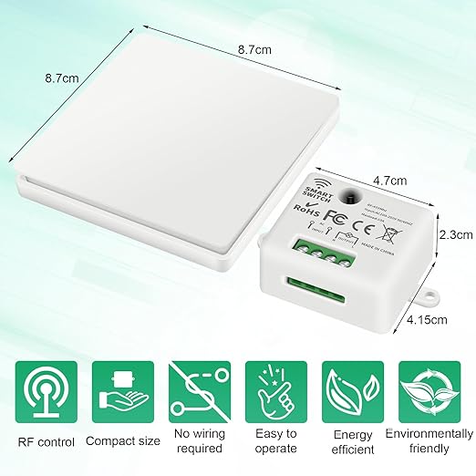 RGBZONE Self-Powered Wireless Remote Switch Kit, 10A AC85-240V No Rewiring 100FT Range RF433 Remote Control Switches for in-/Outdoor Lights (RF Switch and Receiver)