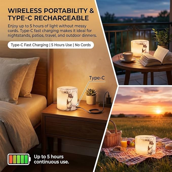 Marble Lamp Night Light Touch Bedside Table Lamp, Type C Rechargeable Natural Stone Accent Decor with 3 Way Dimmable Warm Glow, Cordless Ambient Lighting for Bedroom Living Room Desk Shelf Gift(#B)