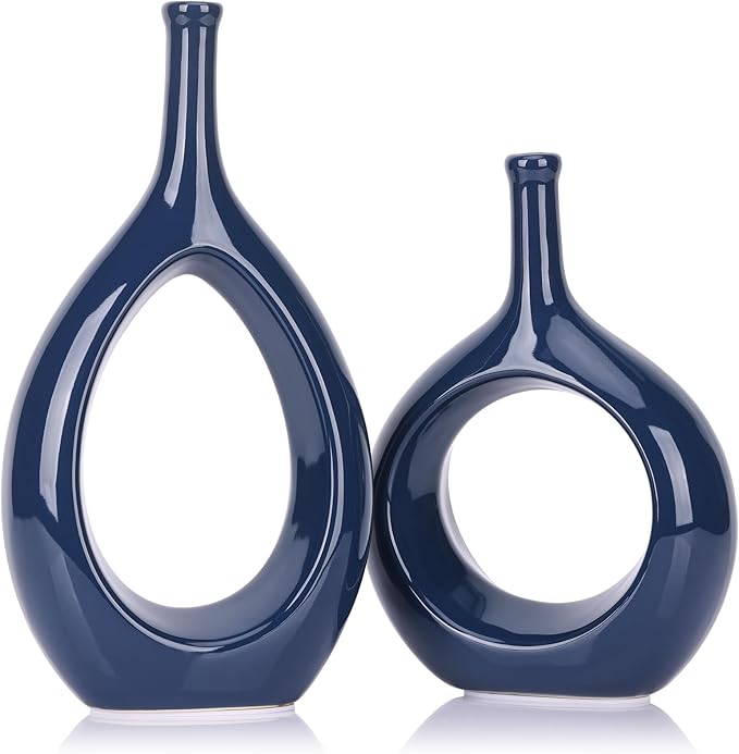Navy Blue Vase Ceramic Blue Vases Home Decor,Modern Minimalist Circle with Hole Decorative Vase, Hollow Ellipse Flower vases for Bookshelf, Fireplace Mantle, Centerpieces,Farmhouse,Rustic Décor
