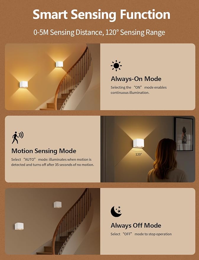 Battery Operated Wall Lamps with Motion Sensor, 6000mAh Rechargeable Wireless LED Sconce with Remote Control, Stepless Dimming, 2700-6500K, Adjustable Beam Angle, White Wall Lights for Bedroom, 2-Pack