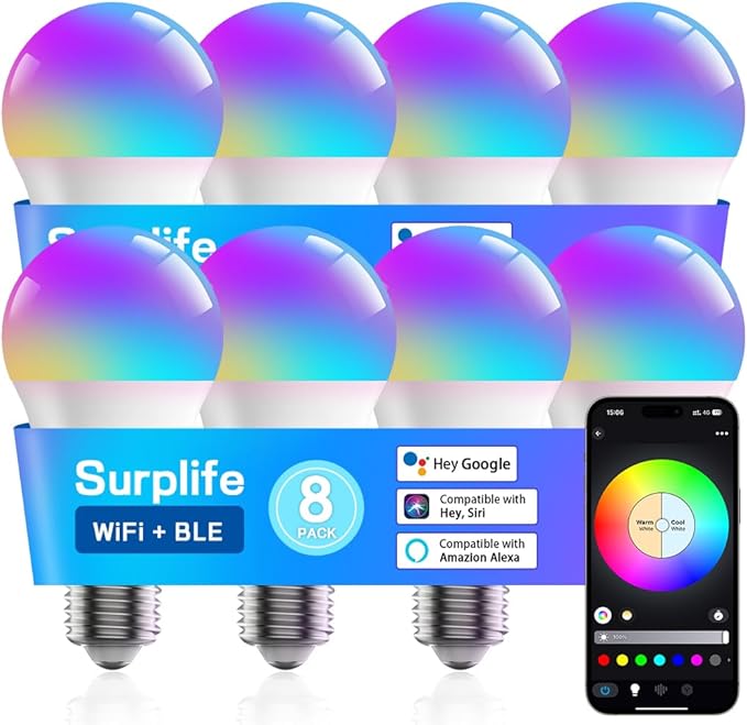 Smart Light Bulbs,Full Color Changing Dimmable LED Bulb,Compatible with Alexa and Google Assistant,UL FCC Certified,2.4GHz WiFi+Bluetooth LED Light Bulbs, Music Sync Smart Home Lighting (8)