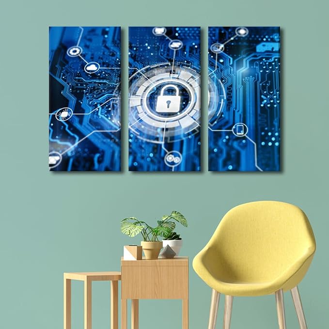 TUMOVO 3 Panel Canvas Wall Art Contemporary Art Glowing Futuristic Backround with lock on Digital Integrated Circuit Artwork for Living Room Modern Wall Decoration, Ready to Hang, 42" Wx28 H