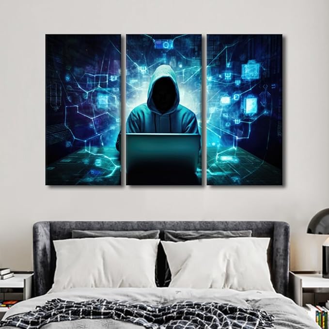 3 Pieces Framed Wall Art AI Big Data Canvas Painting Hacker Malware Pictures Canvas Print Home Office Modern Wall Decor Hacker Posters Giclee Gallery-Wrapped Framed Ready to Hang, 60" Wx40 H