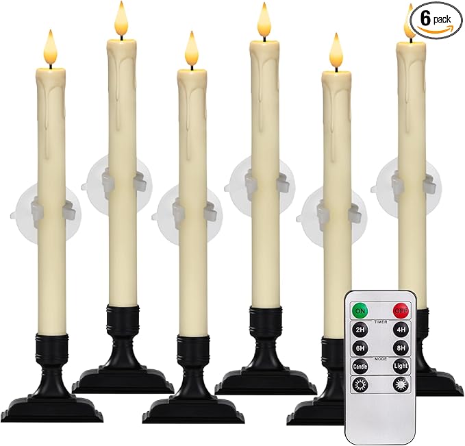 Homemory 6 Pcs Window Candles with Remote Timer Dimmer, Christmas Candles for Window Battery Operated, Ivory Flameless Taper Candle with Holders and Suctions, LED Candlesticks for Xmas Holiday Decor