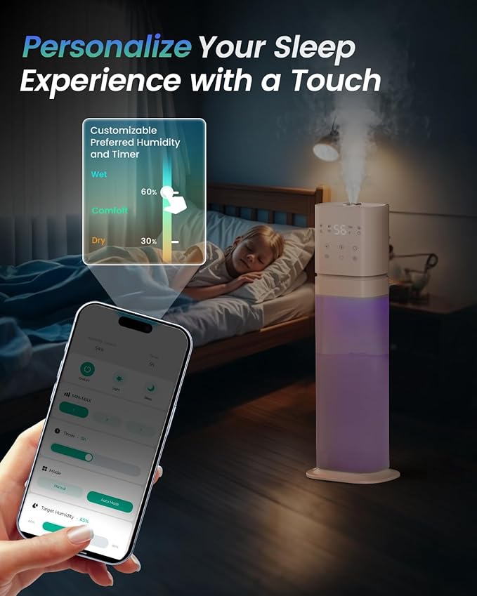 Smart Humidifier Large Room, 2.1Gal/8L Humidifiers for Bedroom with Extended Tube&Night Light, Whole House Cool Mist Humidifiers, WIFI App&Voice Control, Home/Kids/Baby, Pale Pink