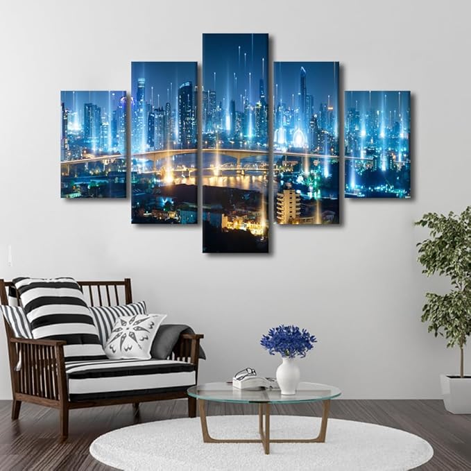 Men Bedroom Wall Decoration Modern City Landscape Poster Communication Network Picture Printing 5 Panel Smart City and Digital Poster Internet Workers Office Decoration Frame Ready to Hang 60x40 Inch