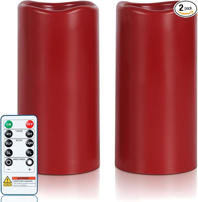Amagic 3"x6" Red Flameless Candles with Remote, Christmas Battery Operated Candles with Timer, Waterproof LED Pillar Candles for Thanksgiving Table, Home, Outdoor Decor, Plastic, Set of 2