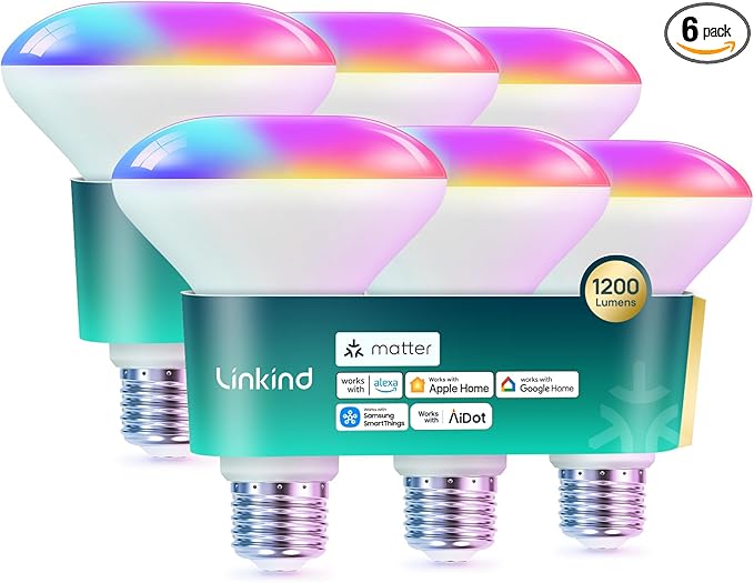 Linkind Matter Smart Light Bulb,1200LM 85W BR30 Smart Flood Light Bulbs Work with Alexa, Apple Home, Google Home, RGBTW Recessed Color Changing Bulbs E26, 2.4GHz Only WiFi Light Bulbs LED, 6Pack