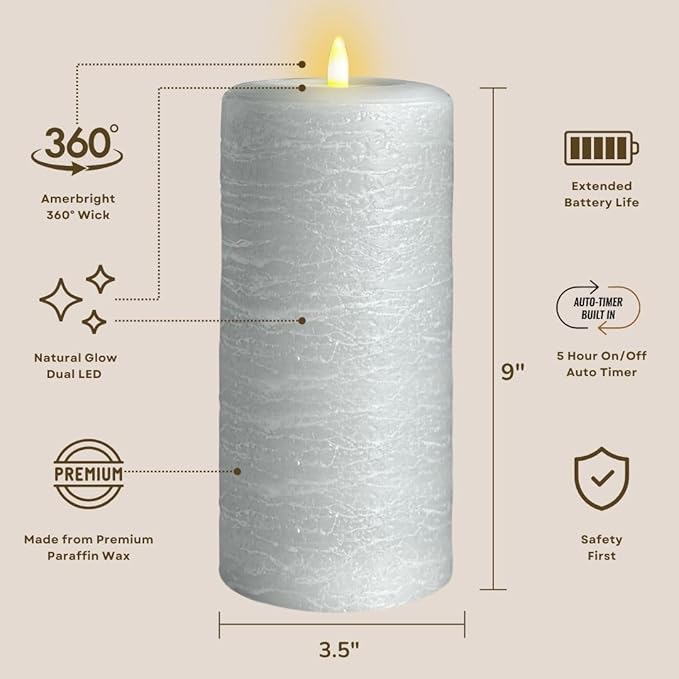 LumiPur Signature Natural Glow Flickering Flameless LED Wax Pillar Candle (3.5" x 9", Gray Fog)