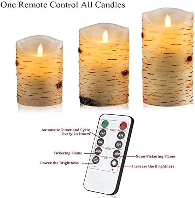Nancia Flameless Candles Birch Bark Effect Battery Operated Candle,3PACK Real Wax Pillar LED Candle with 10-Key Remote Control 2/4/6/8 Hours Timer for Home Decoration Wedding Birthday Party
