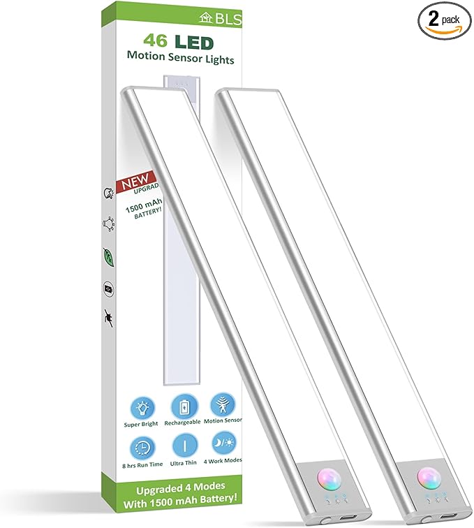 BLS Under Cabinet Lights, 46 LED lights Battery Operated Motion Sensor Light Indoor, USB C Rechargeable Closet Lights Motion Sensored, 1500mah Wireless Magnetic Light for Kitchen Night Stairs (2 Pack)