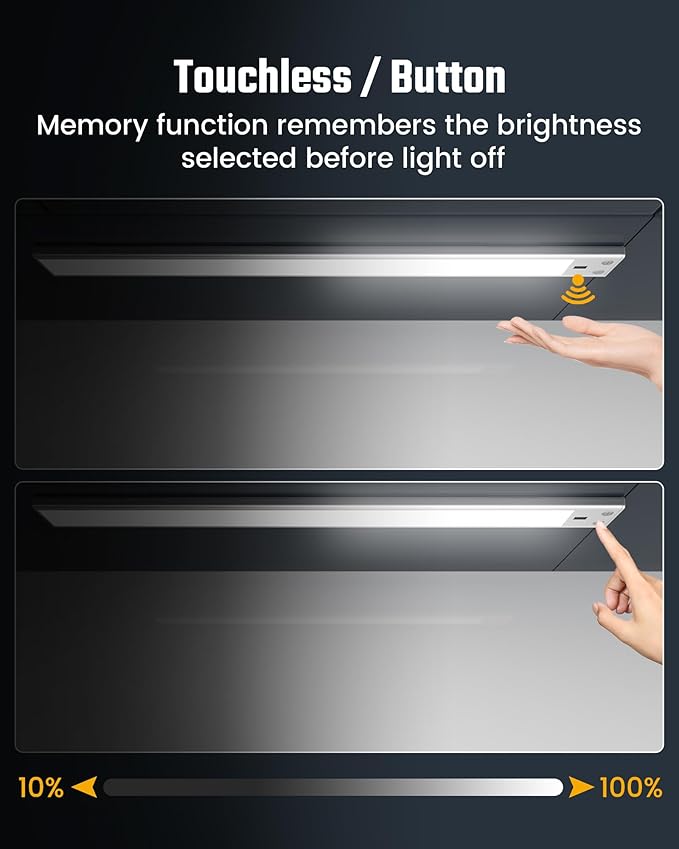 SUPERDANNY 16 Inch Under Cabinet Lights, Hand Wave Sensor 65 LED Under Cabinet Lighting, Upgraded Rechargeable 3000mAh Battery Cordless Under Counter Lights for Kitchen, Closet, Workbench, 2/Pack