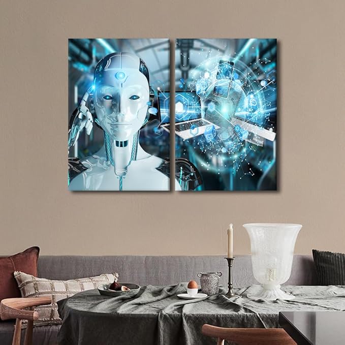 TUMOVO 3 Pieces AI Intelligence Wall Decorations for Living Room Canvas Paitings Data Analysis Home Decor Robot Artwork House Art Prints Posters and Prints Framed Ready to Hang, 24" Wx16 H