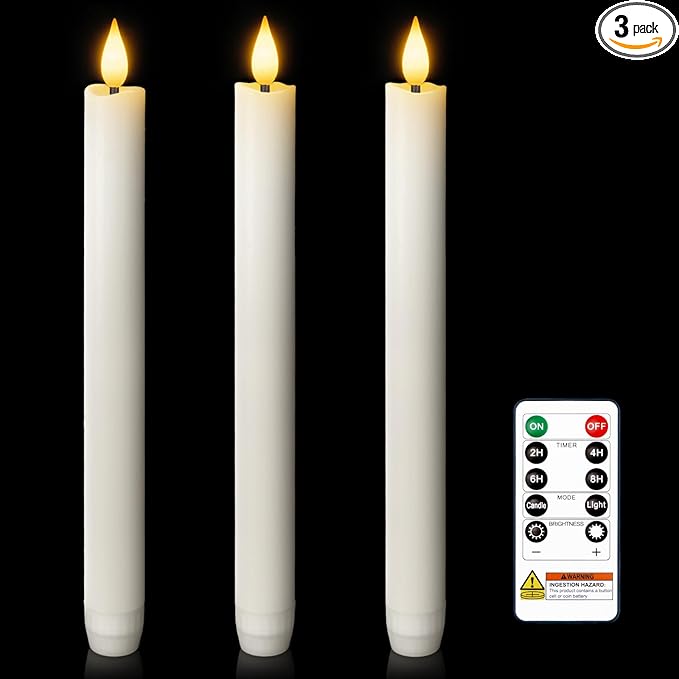 Homemory 3 Pcs Waxy Flameless Taper Candles with Remote, Flickering Battery Operated Taper Candles, Led Flameless Candlesticks Classic Tall Candle for Home, Wedding, Party, White, 9.6 inches
