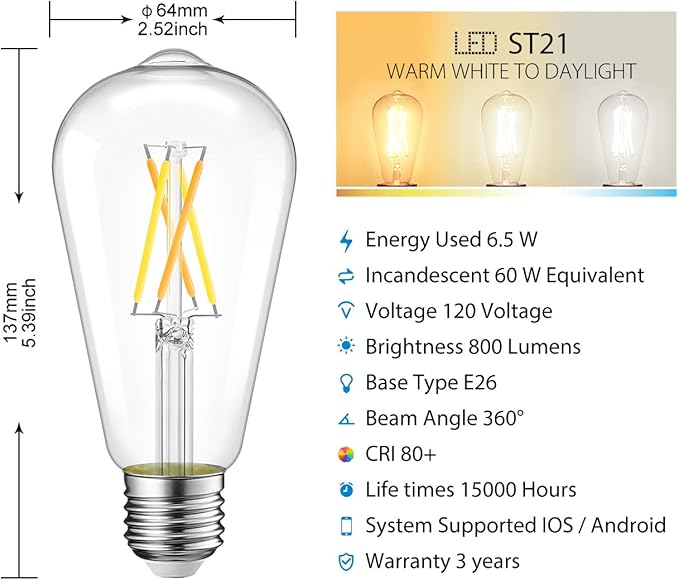 LVWIT WiFi Dimmable Vintage LED ST21 Edison Smart Bulb, 60 Watt Equivalent, E26 Base, 2700K - 6500K, Compatible with Alexa, Google Assistant, No Hub Required,4 Pack