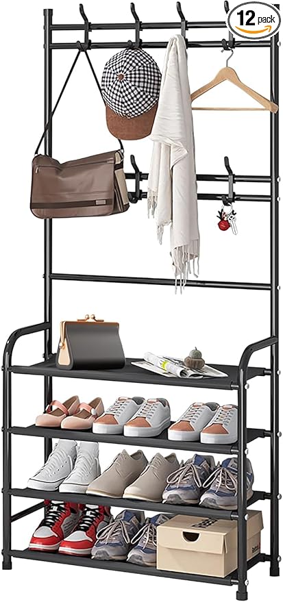 darsun Hall Tree with Shoe Storage Bench, 4-Tier Coat Rack with 8 Hooks, Multipurpose Entryway Organizer for Hall, Bedroom, Office, Shoe Bench with Storage (23.6in)