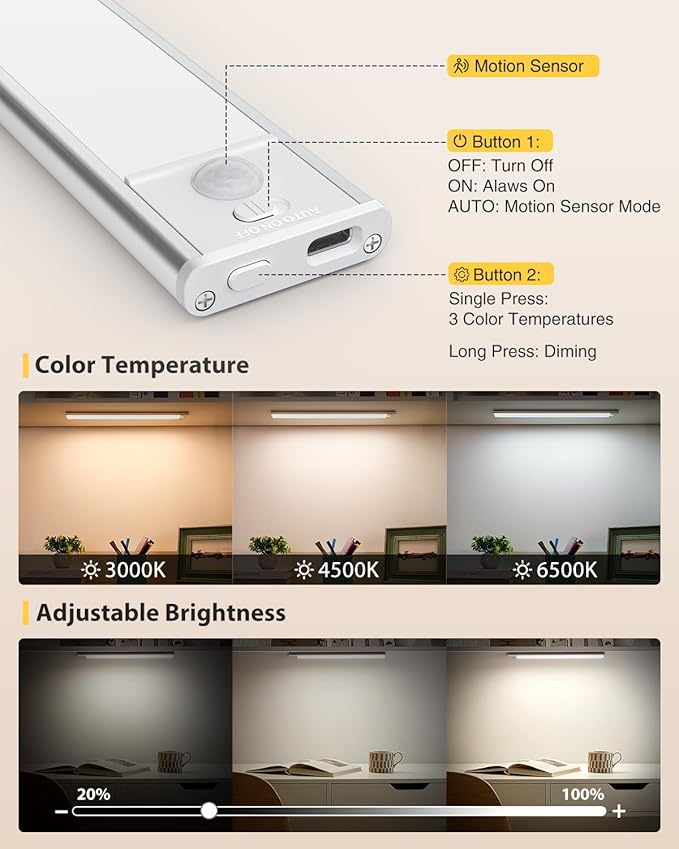 LED Under Cabinet Lighting, Battery Operated Motion Sensor Light Indoor Wireless, 3 Color Temps, USB Rechargeable Closet Light, Dimmable Under Counter Lights for Kitchen Stairs Closet Pantry, 2 Pack