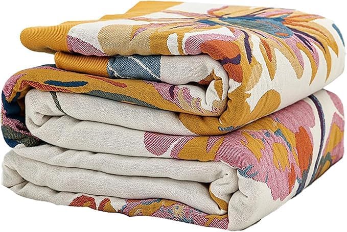 Boho Throw Blanket,Organic Cotton Ultra Soft Muslin Throw for Couch and Bed 50" x 60", Sofa Cover for Living Room Cozy Blankets,All Season Rustic Reversible Vintage Throw - Yellow