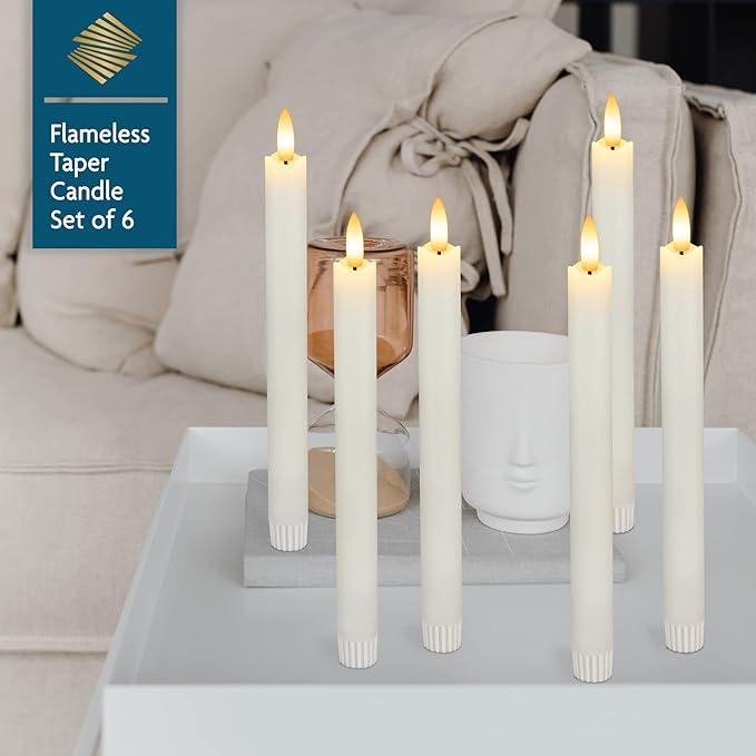 Real Wax Flameless Taper Candles with Remote Timer,Battery Operated LED Candles Set with 3D Flickering Flame,9.6" Realistic Dripless Candlesticks for Wedding Home Decor,6 Pack White