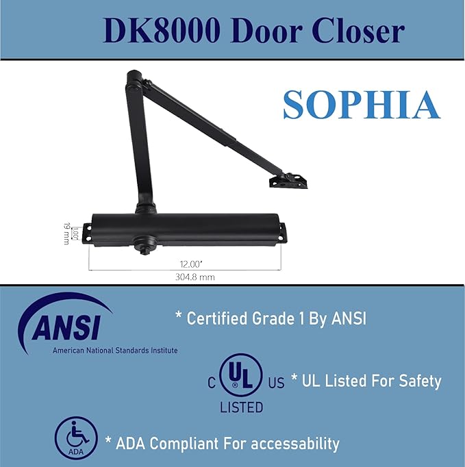 SOPHIA Door Closer Commercial Grade 1, Automatic Door Closer Heavy Duty, Fully Adjustable for 44-330LBS Doors, Auto Door Closure High Traffic Areas - ADA Compliant & UL Listed, Matte Black, DK8000