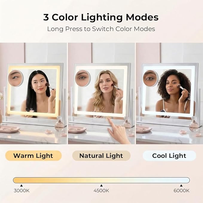 Vanity Mirror with Lights, 12" x 16" Lighted Makeup Mirror with Smart Touch Control, LED Makeup Mirror with 3 Color Lighting Modes, 10X Magnification, 360° Rotation for Tabletop - White