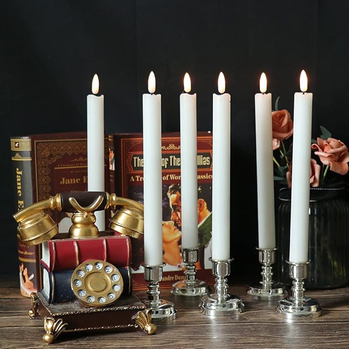 Wondise Flickering Taper Candles with Timer and Remote, 9 Inch Battery Operated 3D Wick Real Wax White Candles for Wedding Holday Christmas Decoration, Set of 6(D0.8 x H9.6 Inch)