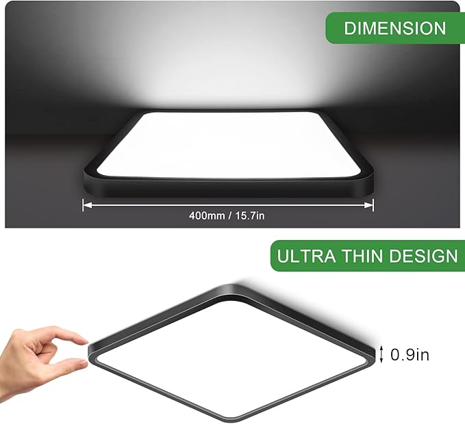15.7Inch 32W Square LED Ceiling Light Fixtures Flush Mount, 5000K Daylight White LED Ceiling Lamp, Surface Mount Modern Ceiling Lights, Black Slim Flat Panel Lighting for Bedroom, Kitchen, Bathroom