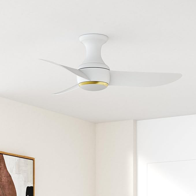 Corona Smart Indoor and Outdoor 3-Blade Flush Mount Ceiling Fan 44in Satin Brass White 3000K LED Light Kit and Remote Control works with Alexa, Google Assistant, Samsung Things, and iOS or Android App