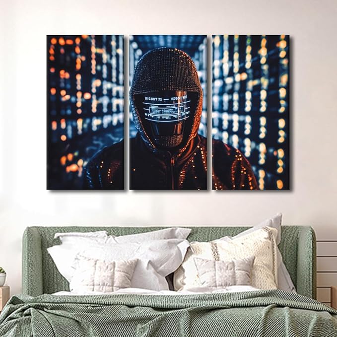 TUMOVO 3 Panel Canvas Wall Art Hacker in Mask on Dark Background with Digital Effects Posters and Prints for Living Room Bedroom Wall Decoration, Stretched Framed Ready to Hang, 60" Wx40 H