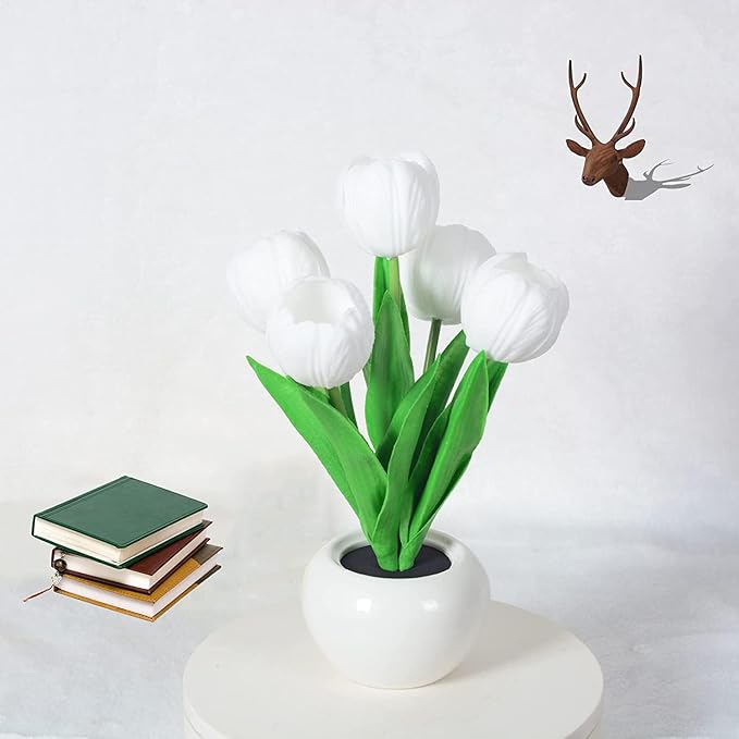 Flower Table Lamp Tulip Desk LED Night Light for Home Living Room Decor Artificial Flower with Vase Table Centerpieces for Birthday Holiday Party Wedding Room Decoration (White)