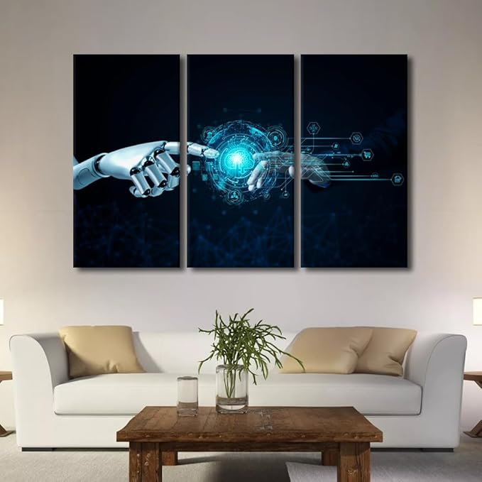 Ai Canvas Wall Art Digital Age Picture Printing 3 Panel Artificial Intelligence Poster Prints Art for Buddhist Believers Living Room Decor Stretched and Framed Ready to Hang 40" Wx60 H